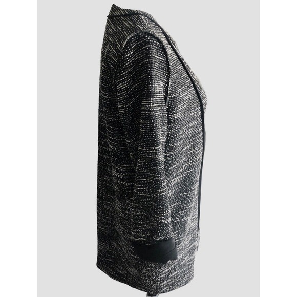 Club Monaco Long Boucle‎ Knit Black White Zip Blazer Leather Look Satin Trim M - Picture 4 of 12